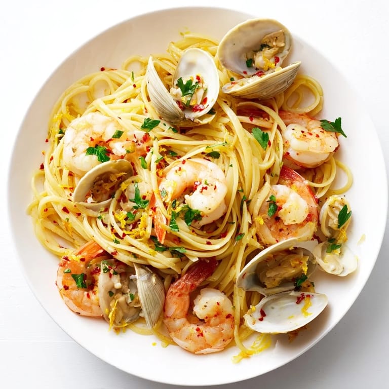 A close-up of finished Seafood Pasta Aglio e Olio with glistening pasta, fresh parsley, and lemon wedges.