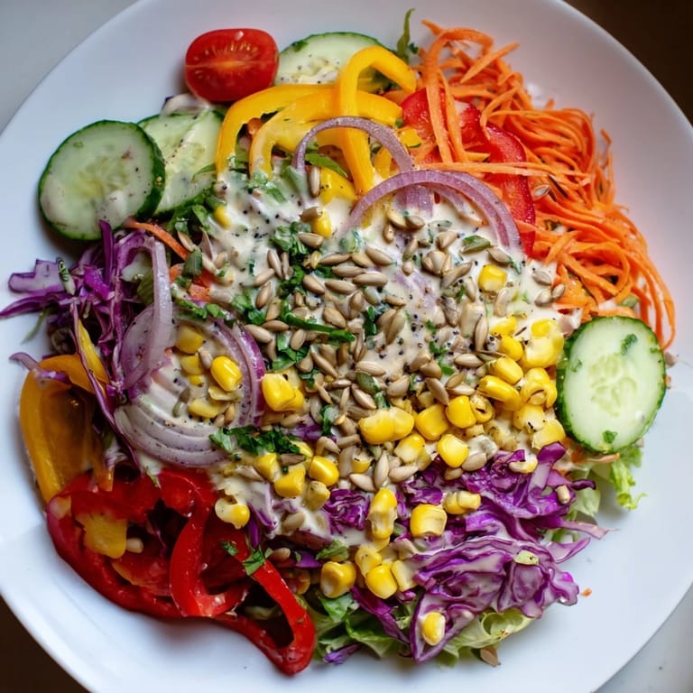Rainbow Salad brimming with fresh, chopped vegetables and a creamy, delicious tahini dressing, perfect for a light lunch.