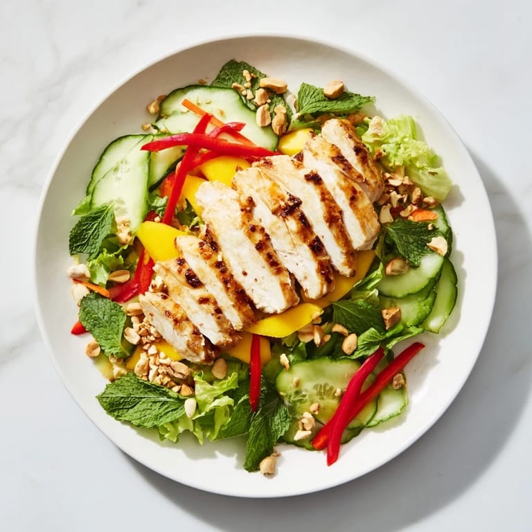 Fresh Thai Mango Chicken Salad, dressed with lime-chili, with a colorful mix of veggies.
