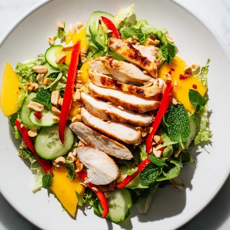 Enjoy the refreshing taste of this Thai Mango Chicken Salad with fresh herbs and peanuts.