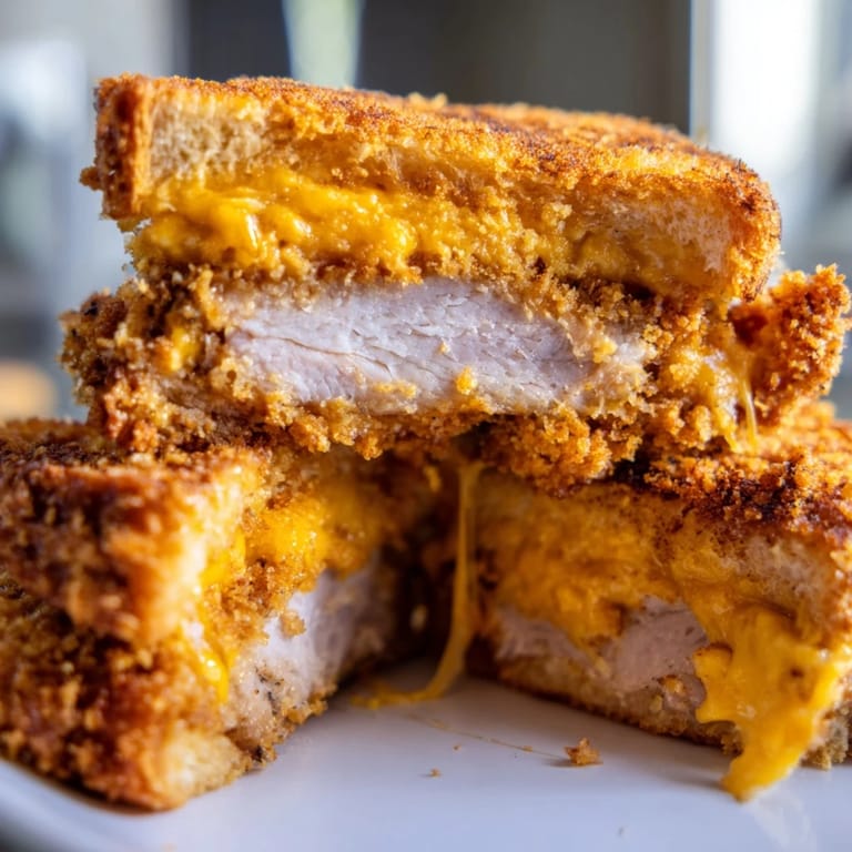 Melting cheddar oozing around sliced pork within this flavorful Crispy Panko Pork Chop Grilled Cheese sandwich.