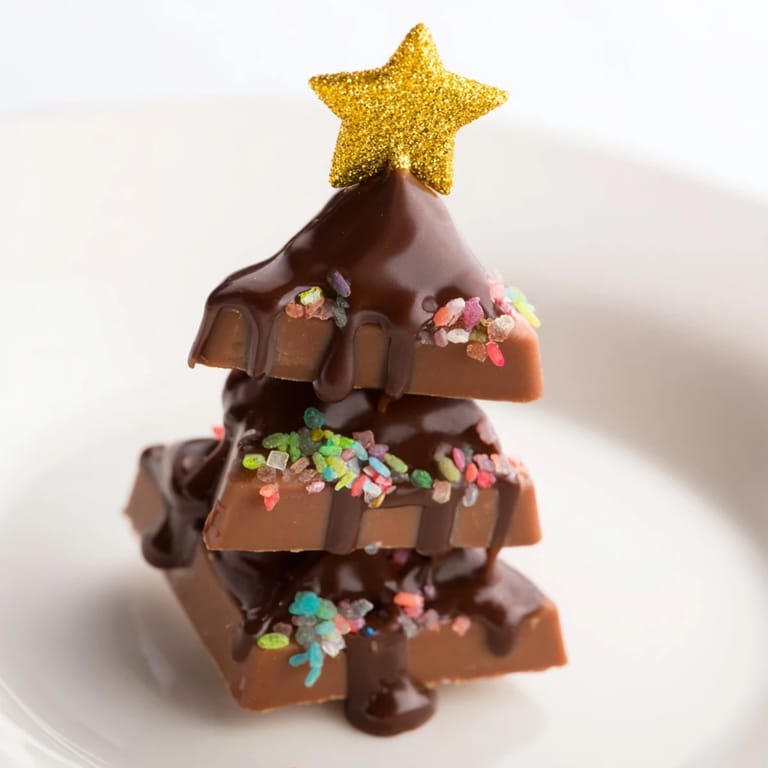 Melted chocolate drizzled over festive Chocolate Kinder Christmas Trees creates a delicious holiday treat.