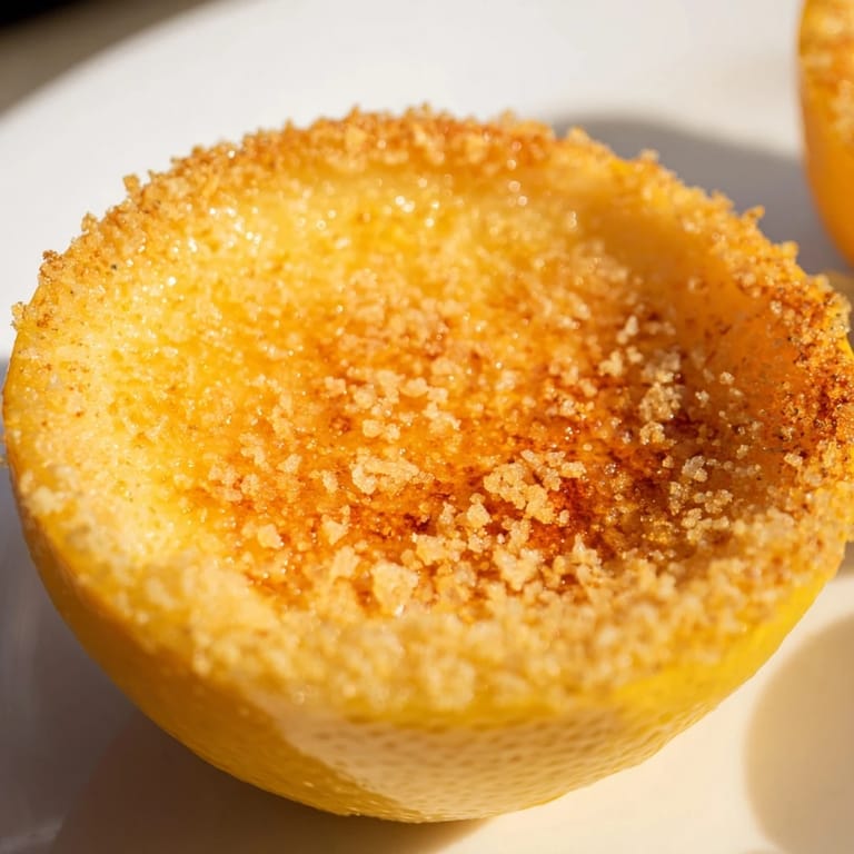 A close-up of a perfectly torched Lemon Brûlée Posset, showcasing the rich, creamy texture.