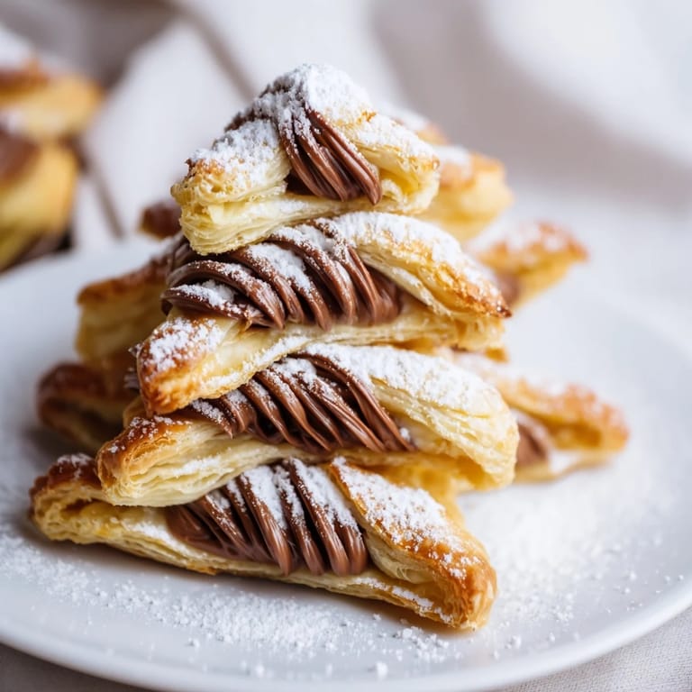 Homemade Nutella Pastry Christmas Trees, perfect for Christmas, dusted with powdered sugar and ready to eat.