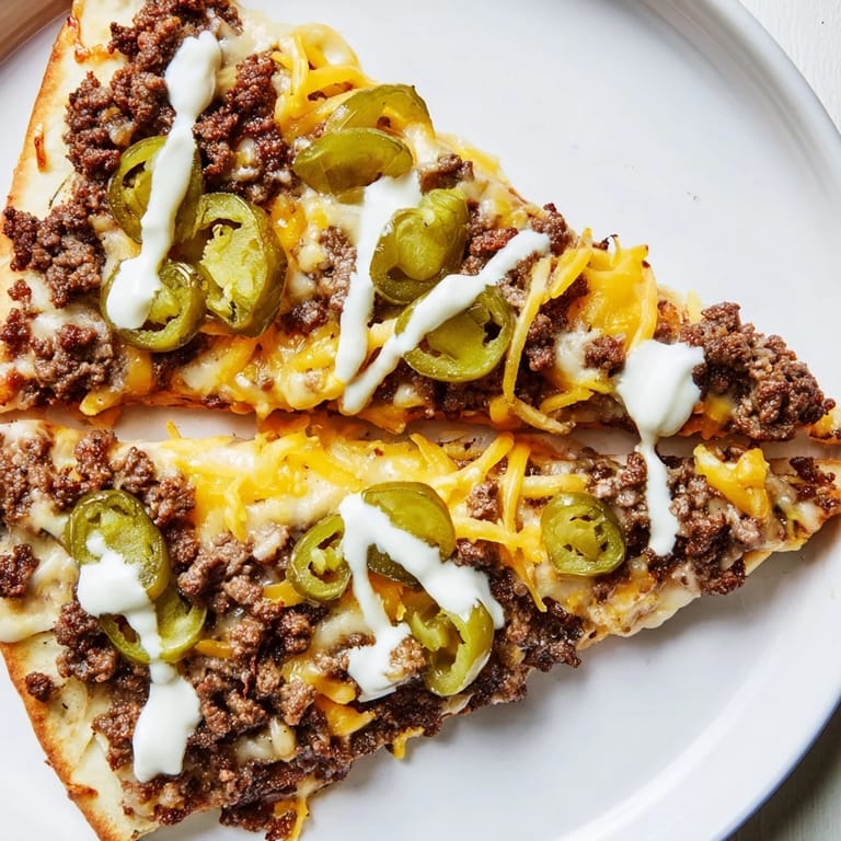 Golden crust topped with savory ground beef, cheese and jalapeños, this amazing taco pizza is served.