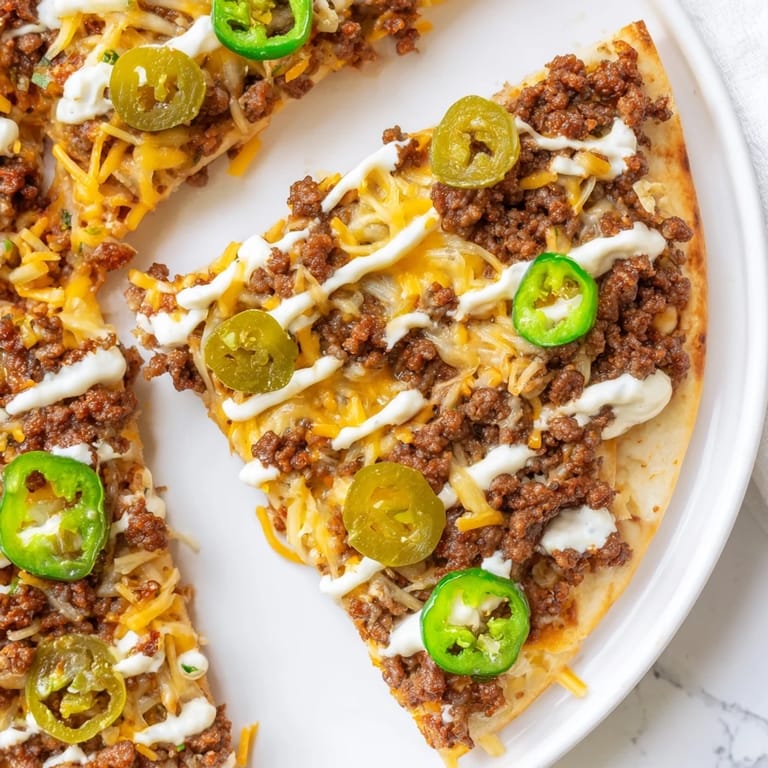 Mouthwatering Ground Beef Taco Pizza ready to slice, with a creamy sour cream drizzle on top.