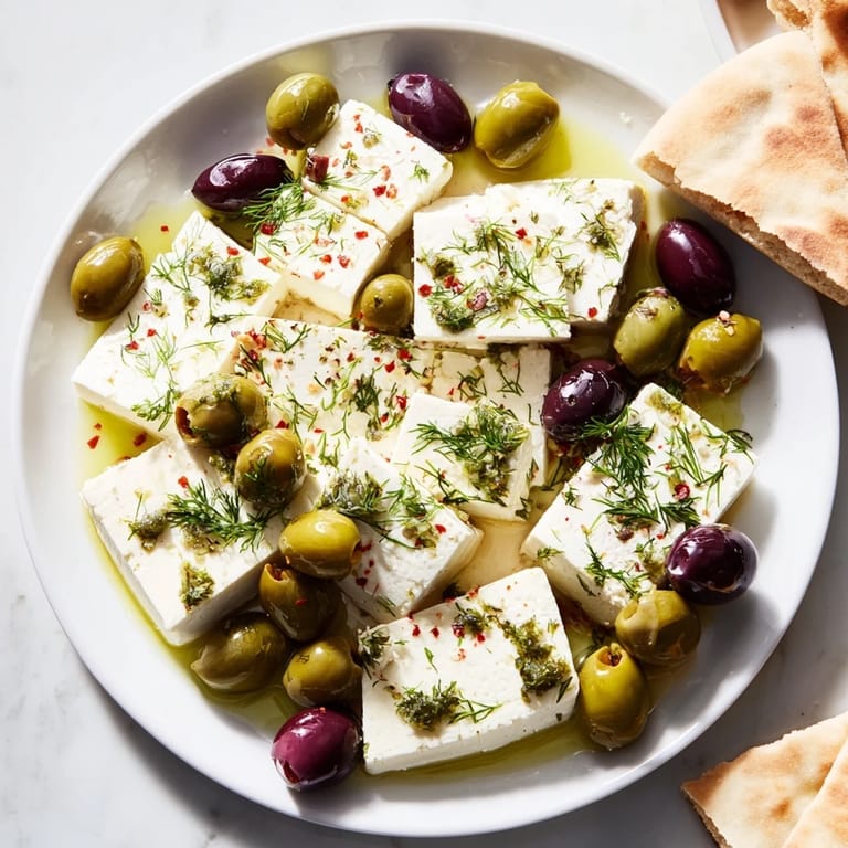 Delicious Turkish Olives & Cheese Board, a medley of flavors with creamy feta and drizzle of honey.