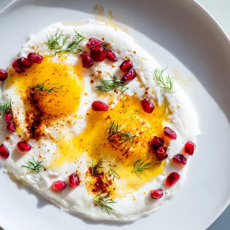 Turkish Çılbır showcasing a delicious breakfast of poached eggs in garlicky yogurt, with sumac-infused butter drizzled.