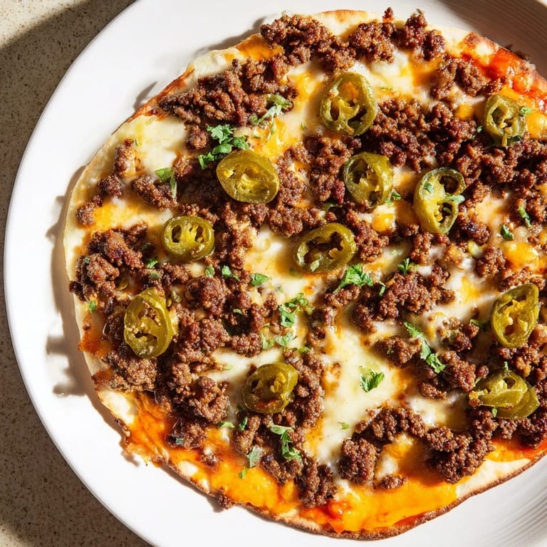 The delicious Spicy Ground Beef Pizza Base features a golden crust and savory, spiced ground beef.
