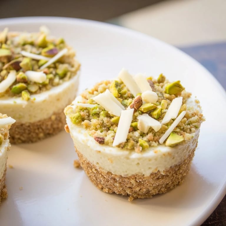 Garnished Pistachio Cheesecake Bites show a delightful crunch from pistachio crust, ideal for a sweet treat.
