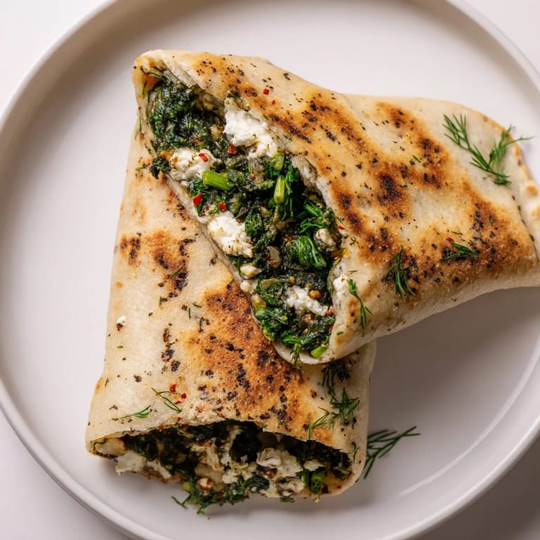 A close-up of a warm Turkish Spinach & Feta Flatbread, showcasing the savory filling's texture before serving.