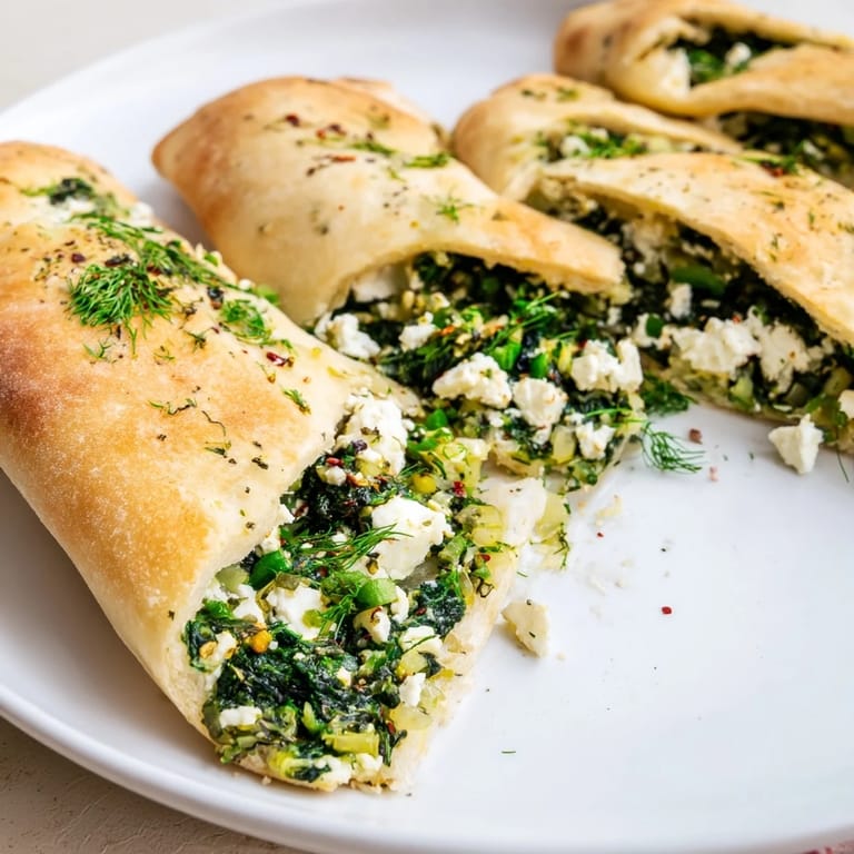 Freshly baked Turkish Spinach & Feta Flatbread, featuring a crispy exterior and filled with vibrant spinach.
