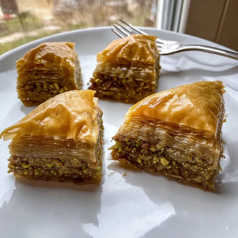 A close-up of decadent Turkish Hazelnut & Pistachio Baklava with a sweet, nutty aroma, ready to be enjoyed.