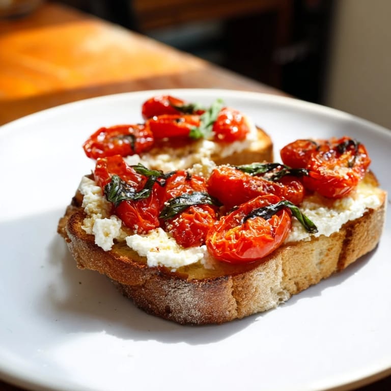 Warm baked feta toast with blistered tomatoes and a drizzle of olive oil, served fresh from the oven.