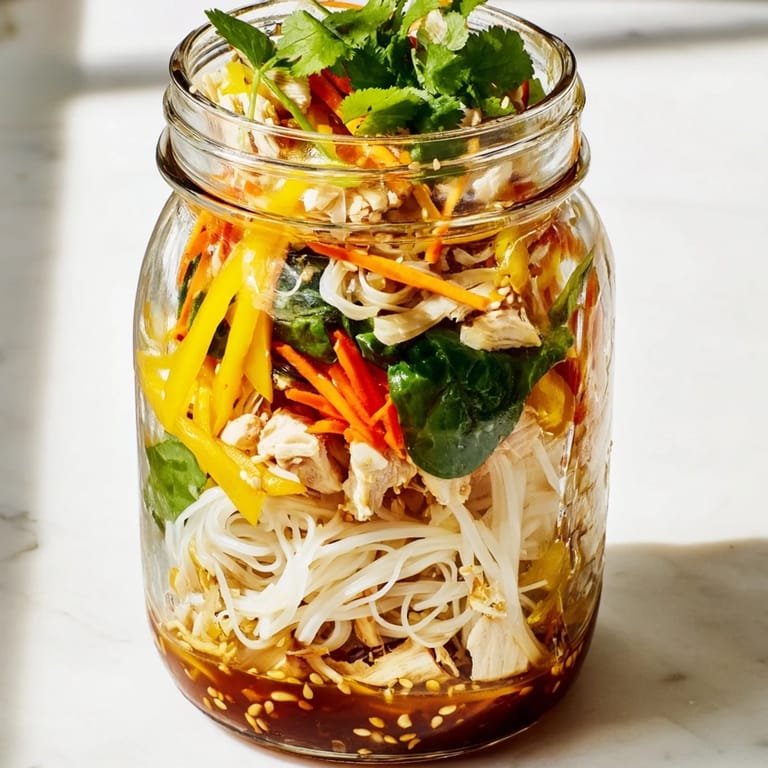 Overhead view of stacked mason jars filled with noodles, chicken, tofu, and fresh greens for easy lunches.