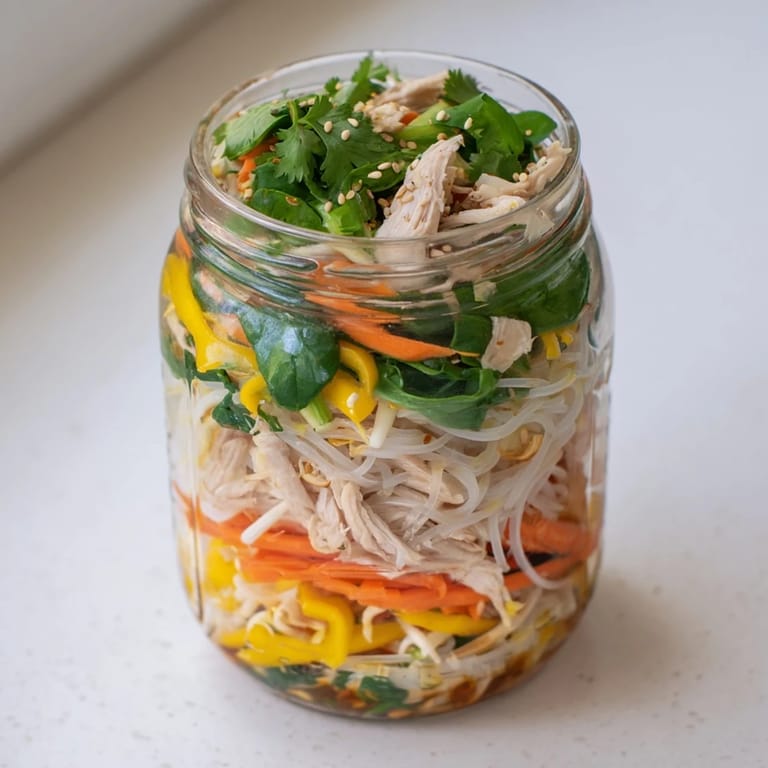 A vibrant Mason Jar Noodle Meal Prep with shredded carrots, bell peppers, and a savory Asian-inspired sauce.