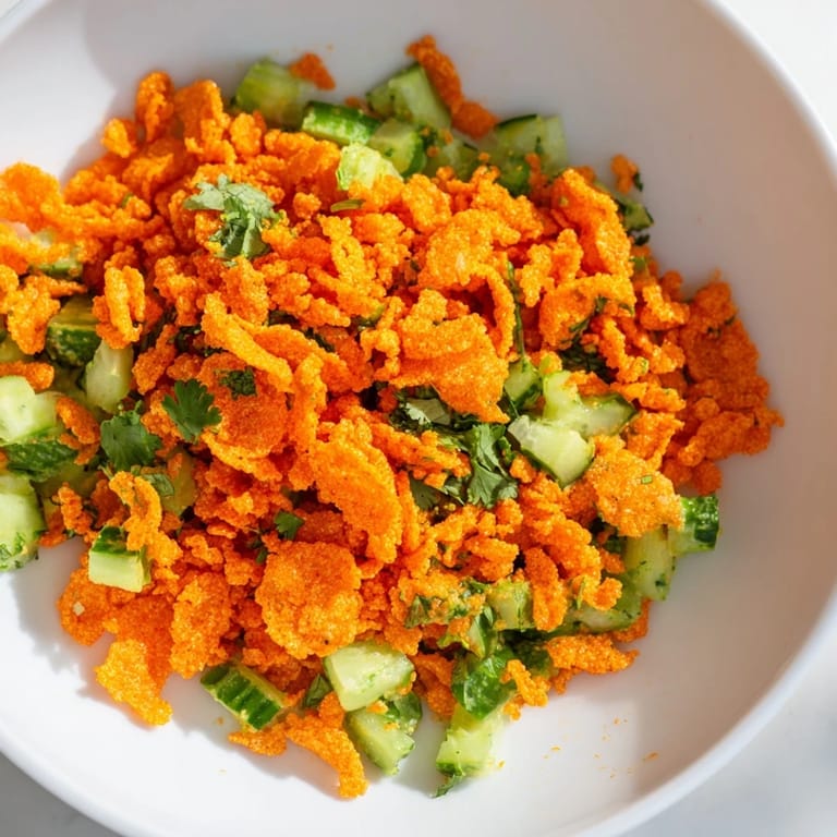 A close-up of Flamin Hot Cheeto Salad highlighting the red, spicy chips, crisp cucumber chunks, and a glossy, tangy dressing.