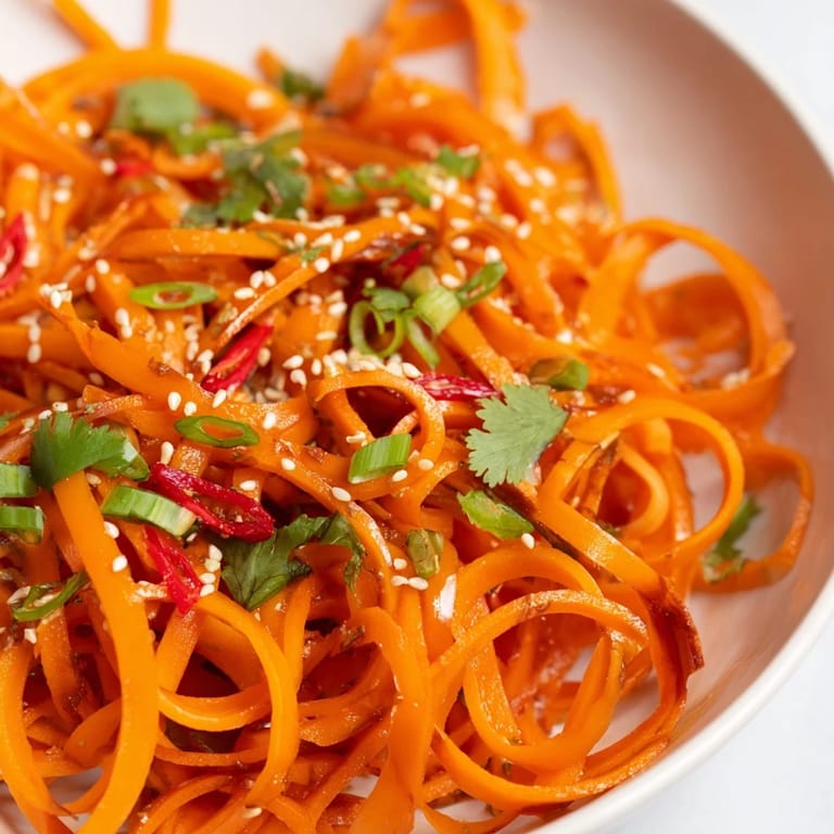 Freshly tossed Carrot Ribbon Salad Asian-Style on a white plate, featuring toasted sesame seeds and a side of grilled tofu for a light lunch.  