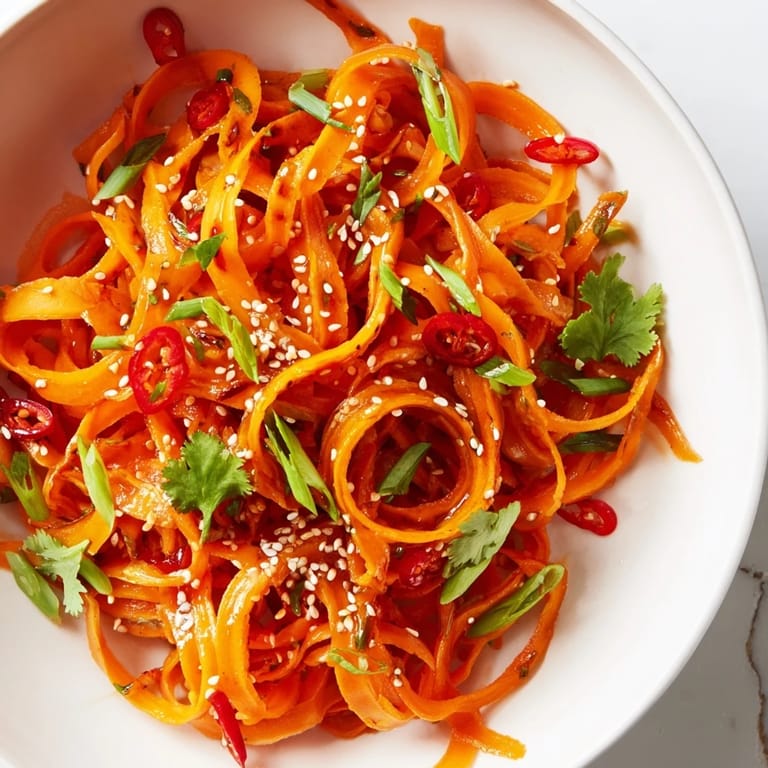Vibrant Carrot Ribbon Salad Asian-Style in a glass bowl, tossed with ginger-lime dressing and topped with red chili slices for a spicy kick.