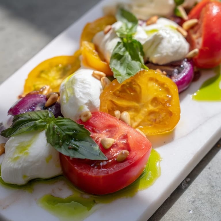 Colorful heirloom tomatoes and torn burrata on a wooden board, garnished with toasted pine nuts and fresh basil.