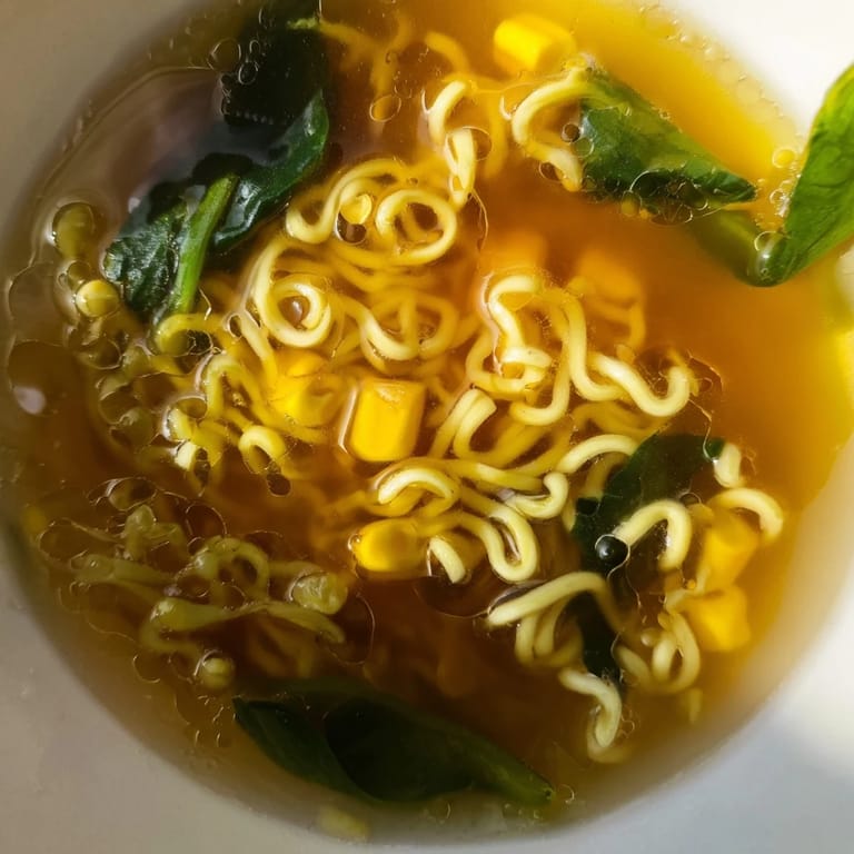 Close-up of creamy Elevated Ramen Egg Drop Soup, showcasing tender noodles and a soft, ribboned egg mixture in a savory broth.