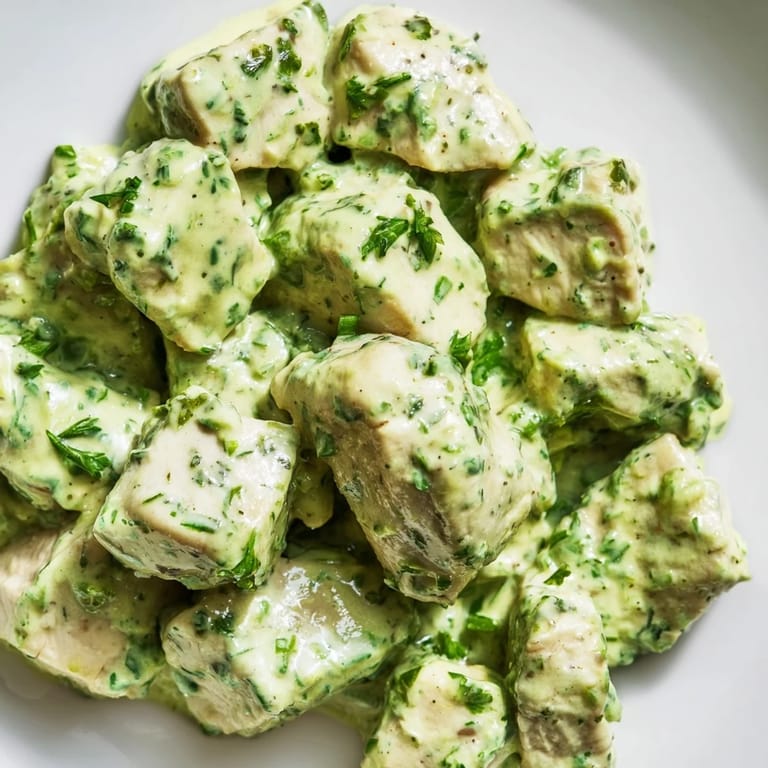 Tender chunks of Green Goddess Chicken Salad tossed with vibrant dressing, served beside sliced avocado and colorful cherry tomatoes.