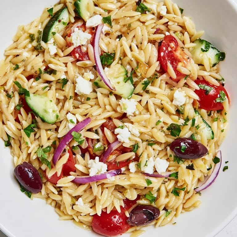 Fresh Greek Orzo Salad tossed with olives and red onion, drizzled with zesty lemon dressing.