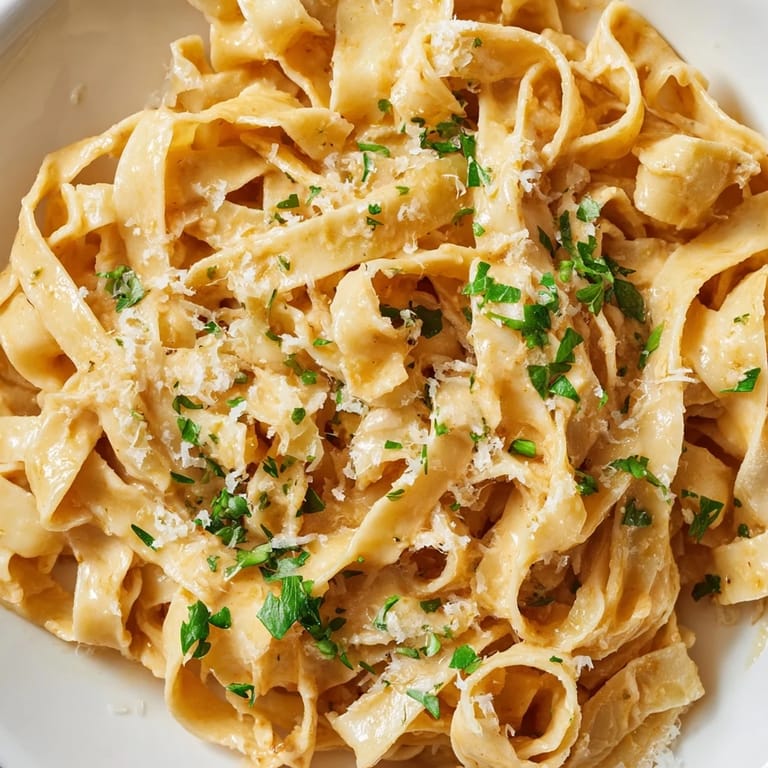A skillet of Sriracha Honey Pasta tossed with fettuccine, showing a luscious sweet and spicy buttery sauce.