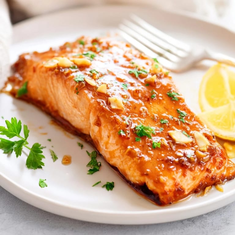Four servings of tender salmon with honey garlic glaze, paired with lemon wedges and steamed vegetables.  