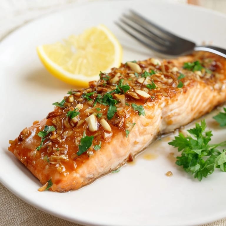 A close-up of succulent Honey Garlic Glazed Salmon, brushed with buttery glaze and roasted to perfection.
