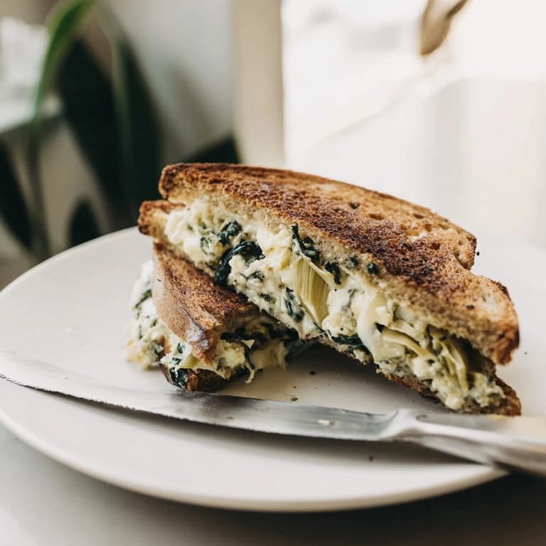 Gourmet spinach artichoke grilled cheese, sliced to reveal a rich, cheesy, garlicky interior.