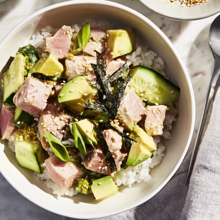 A vibrant Tuna Avocado Rice Bowl featuring flaky tuna, diced avocado, crisp cucumber, and a drizzle of ginger-soy dressing over warm jasmine rice.
