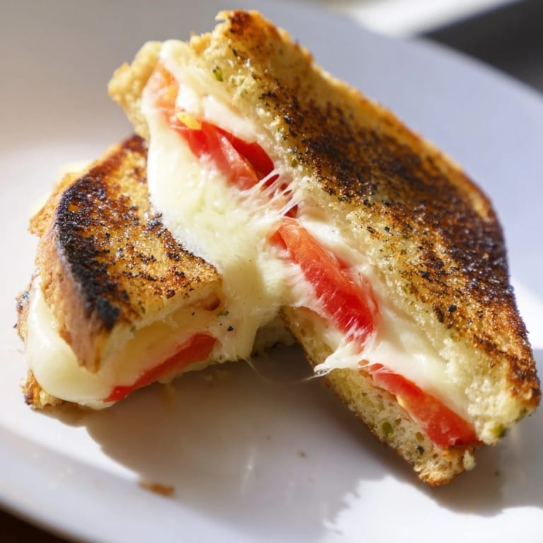 Buttery grilled bread cradling a spicy Pepper Jack & Tomato Grilled Cheese with juicy red tomatoes and melted cheese.