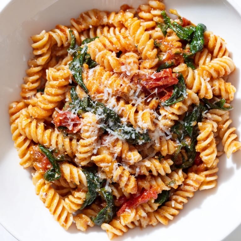 One-pot Tomato Spinach Rotini cooking in a wide pot, the pasta swirling in a vibrant red and green broth.  