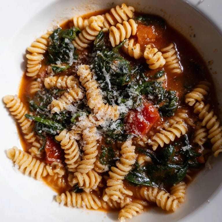 A close-up of a serving of Tomato Spinach Rotini, garnished with Parmesan cheese and fresh basil, next to crusty bread.