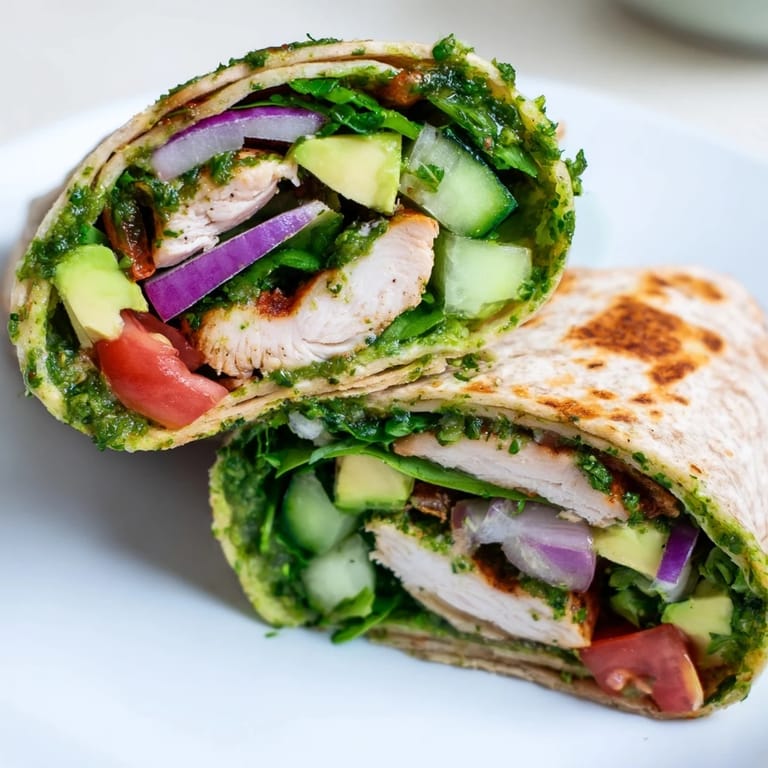 Freshly assembled chimichurri chicken wrap with bright green herbs, thinly sliced vegetables, and a zesty sauce drizzle.