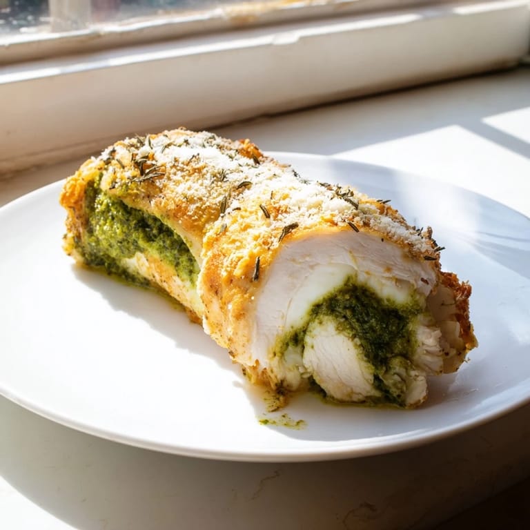A close-up of Mozzarella & Pesto Stuffed Chicken with a crispy Parmesan crust and fresh herbs sprinkled on top.