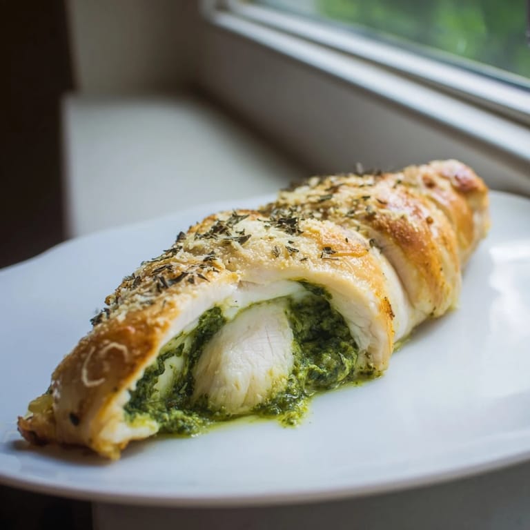 Juicy Mozzarella & Pesto Stuffed Chicken served alongside roasted vegetables and a crisp green salad on a rustic plate.