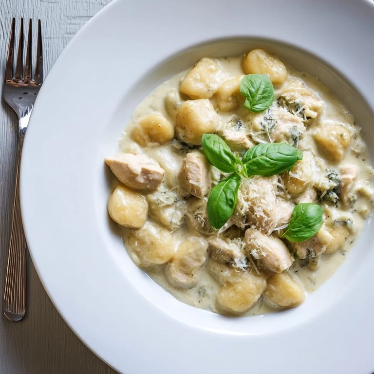 Steaming bowl of cheesy gnocchi and juicy chicken in a rich Italian pesto cream sauce, ready to be enjoyed with a glass of white wine.