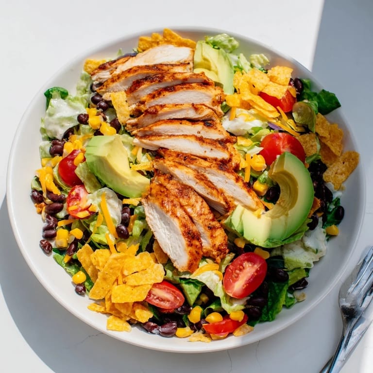 Close-up of a Crunchy Taco Chicken Salad topped with crumbled taco shells, showcasing crisp romaine lettuce, cherry tomatoes, and a drizzle of creamy dressing.