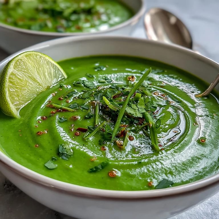 A ladle lifts velvety spinach coriander lemongrass soup beside lemongrass stalks and cilantro sprigs, perfect with crusty bread.