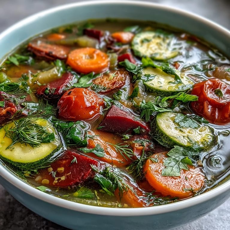 Overhead view of freshly made Rainbow Vegetable Detox Soup garnished with dill and parsley, served with whole-grain bread.