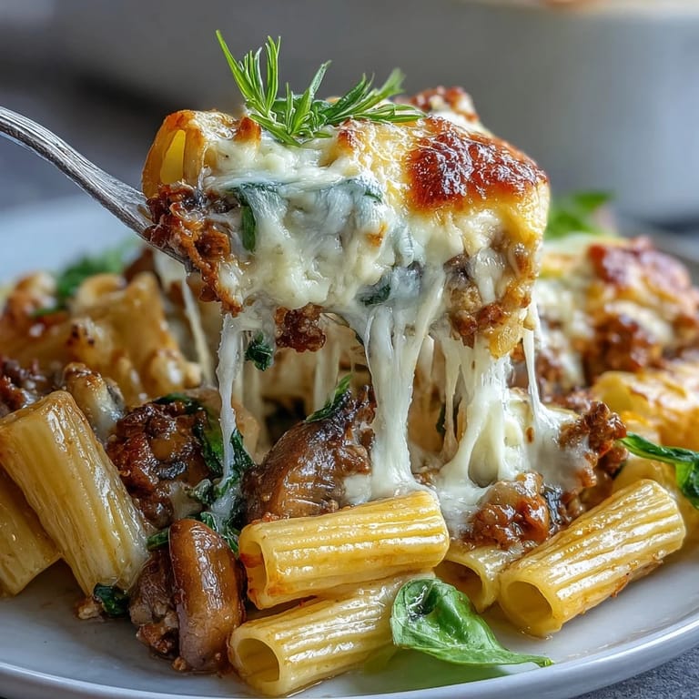 Fresh basil garnishes a slice of the hearty High Protein Italian Beef and Pasta Bake, revealing tender pasta, ground beef, and vegetables in tomato sauce.  