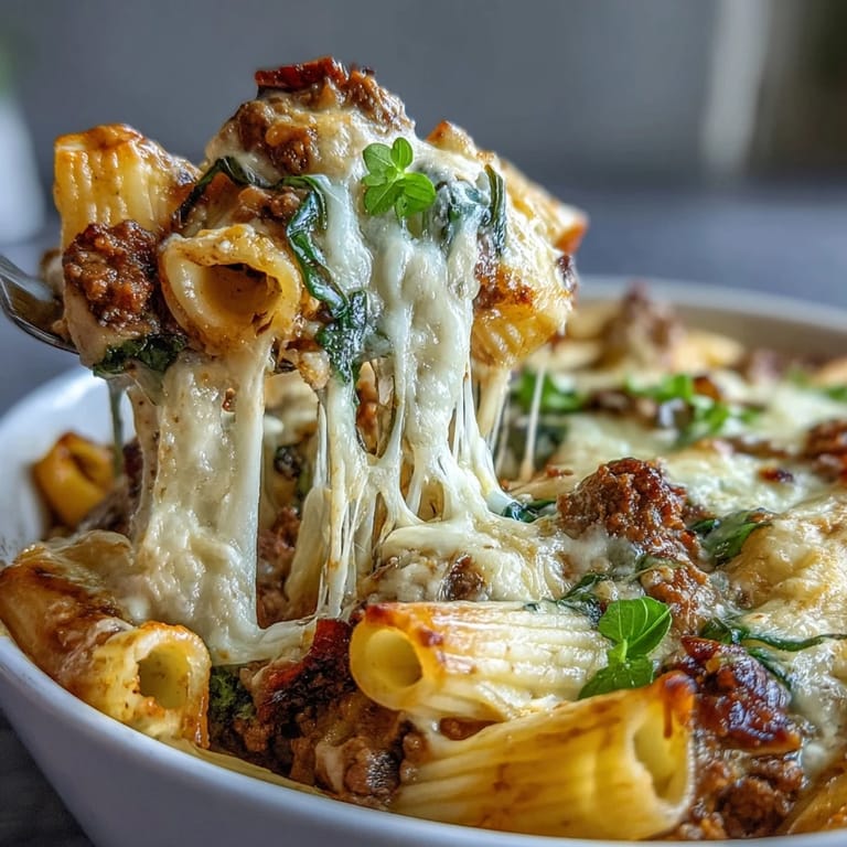A close-up of the High Protein Italian Beef and Pasta Bake shows savory turkey pepperoni and melty cheese topping the saucy, high-protein dish.