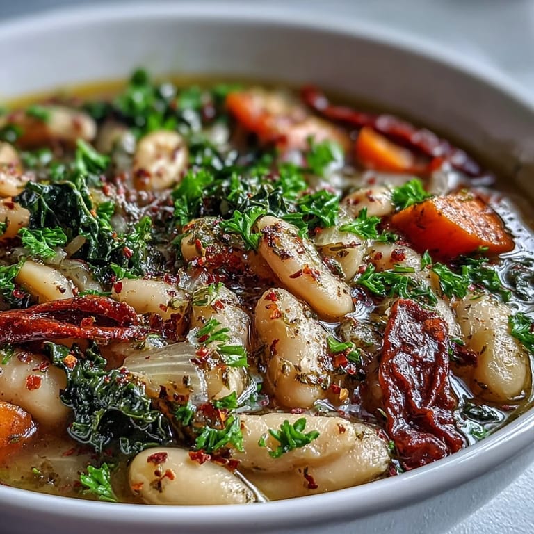 Colorful Mediterranean White Bean Stew served in a rustic bowl, showcasing diced red bell pepper and spices with a drizzle of olive oil.