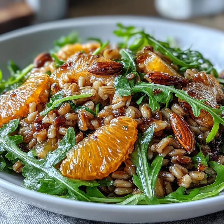 Hearty bowl of Farro Salad with Fennel, Oranges, and Almonds tossed in citrus vinaigrette, garnished with fresh parsley and fennel fronds on a rustic table.