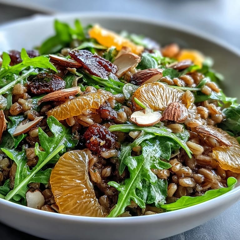 Close-up view of Farro Salad with Fennel, Oranges, and Almonds highlighting juicy orange segments, crisp fennel, and toasted almonds for a wholesome Mediterranean side dish.