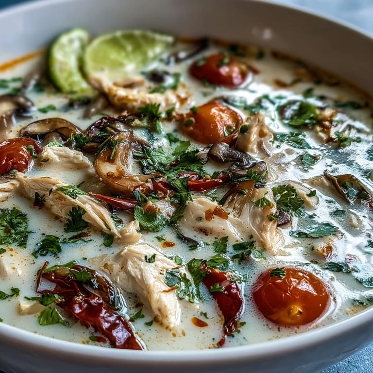 Bright Best Ever Tom Kha Gai Soup served with lime wedges, cilantro, and red chili garnish next to steamed rice.