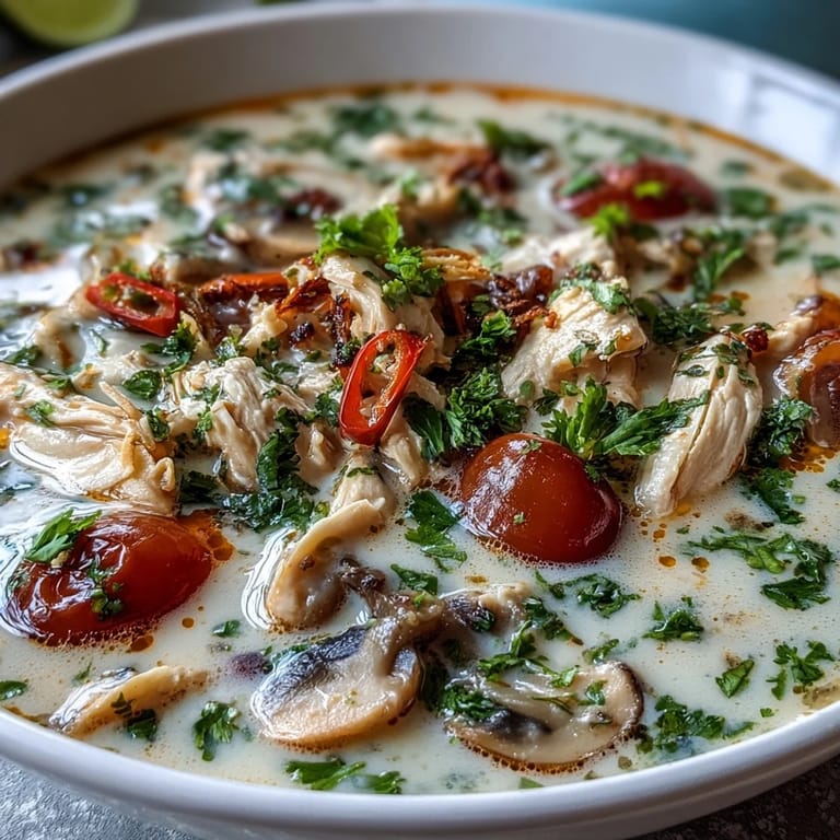 Freshly prepared Best Ever Tom Kha Gai Soup featuring aromatic herbs like lemongrass and kaffir lime leaves.