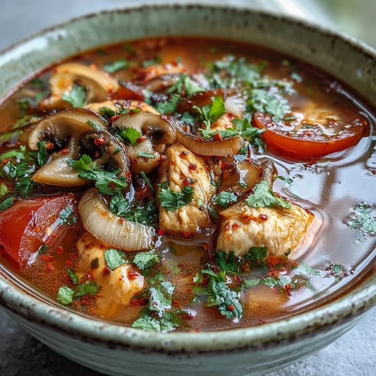 Steaming Tom Yum Gai soup in a rustic bowl with tender chicken, mushrooms, and aromatic Thai herbs.